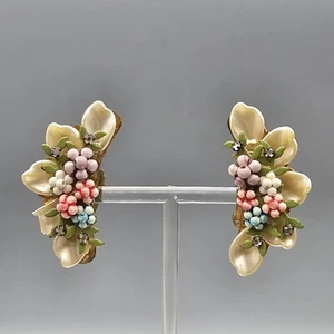 Vintage Climber Earrings Clip On Acrylic Petal Floral Beaded MCM Spring Easter - Picture 1 of 13