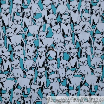 BonEful FABRIC Cotton Quilt Blue White Black French Bull Dog Baby Puppy MI SCRAP - Image 1 of 4