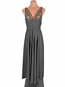 70s 60s Vintage Lilli Diamond Black Nude Lace Empire Waist Maxi Long Dress Gown - Picture 1 of 10