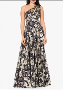 Betsy & Adam Women One Shoulder Floral Blue Gold Metallic Maxi Formal Dress 4P - Picture 1 of 3
