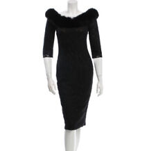 $4,510 PAMELLA ROLAND Black Mink Fur Trimmed Cashmere Hand Made Midi Dress Size2