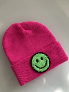 Children’s Happy Face Winter Hat Beanie Hot Pink & Watermelon Green Boys Girl - Picture 1 of 1
