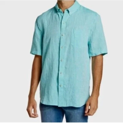 Reyn Spooner Teal Blue Tailored Men Linen Button Down Short Sleeve Shirt Large L - Image 1 of 4