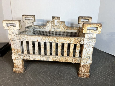 Vintage Old Antique Fire Basket Grate Box Log Fireplace 1900s cast iron Grandeur Cover
