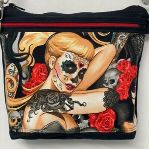 Crossbody Purses Canvas Bag Skulls / Rose Lady Fabric and Canvas Black Handmade - Picture 1 of 7