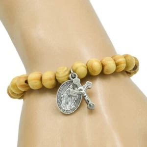 Olive Wood Finish Beads Stretch Bracelet w Miraculous Medal And Crucifix Charms - Picture 1 of 10