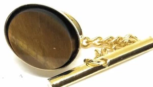 GENUINE OVAL TIGER EYE TIE TACK 18KT GOLD PLATED - Picture 1 of 4