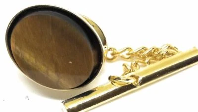GENUINE OVAL TIGER EYE TIE TACK 18KT GOLD PLATED - Image 1 of 4
