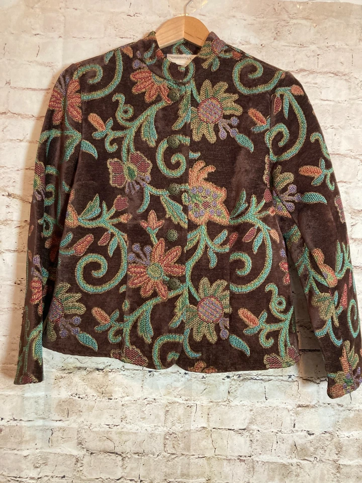 Chadwicks Tapestry Jacket Womens 10 Chocolate Fully Embroidered Floral Artsy - Image 1 of 4