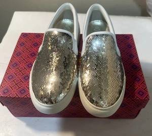 Tory Burch Carter Damen Pailletten Slipper Turnschuhe Gold/Weiß Größe 7 US - Bild 1 von 6