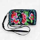 Mexican Embroidered Wallet/Phone Case w/ Shoulder Strap 2 Zip Coin Purse