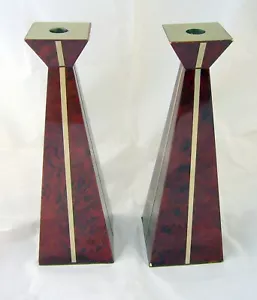 12" MCM Atomic look chrome faux marble Candle Stick Holder Silvestri - Set Of 2 - Picture 1 of 10