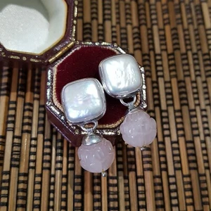 Janice Girardi 925 Sterling Silver Earrings, Rose Quartz And Button Pearls - Picture 1 of 6
