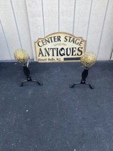 65387 Antique Iron Andirons Fireplace Mantle - Picture 1 of 12