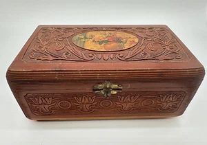 Vintage Carved Wooden Chest/Jewelry Box Flower Curved Lid Cedar Mirror EC - Picture 1 of 9
