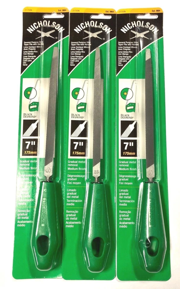 Nicholson 7" Slim Taper File Black Diamond File With Handle 3 Pack 21755N - Image 1 of 1