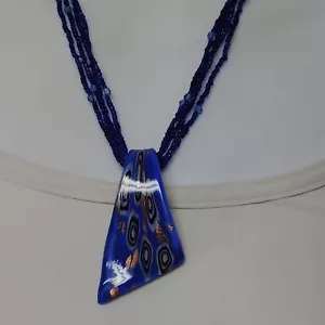 Artisan Cobalt Blue Glass Beaded Necklace With Abstract Art Glass Pendant - Picture 1 of 5