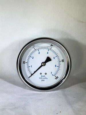 LIQUID FILLED PRESSURE GAUGE 0-100 PSI, 4" FACE, 1/4" BACK MOUNT - Image 1 of 2
