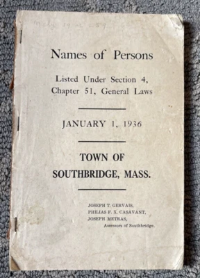 Names Of Persons Town Of Southbridge, Mass January 1, 1936 - Image 1 of 4