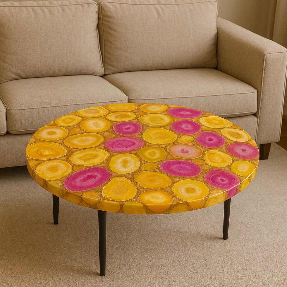 Luxury Yellow and Pink Agate Stone Table | Round Coffee Table for Living Room - Image 1 of 4