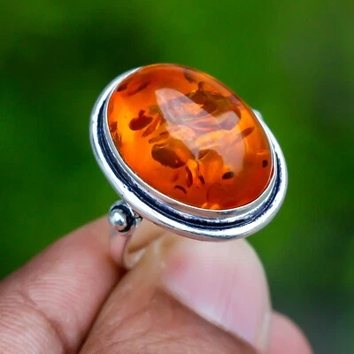 Anillo hecho a mano de plata de ley 925 con piedras preciosas de ámbar báltico AK-7 "8 Foto 1 de 4