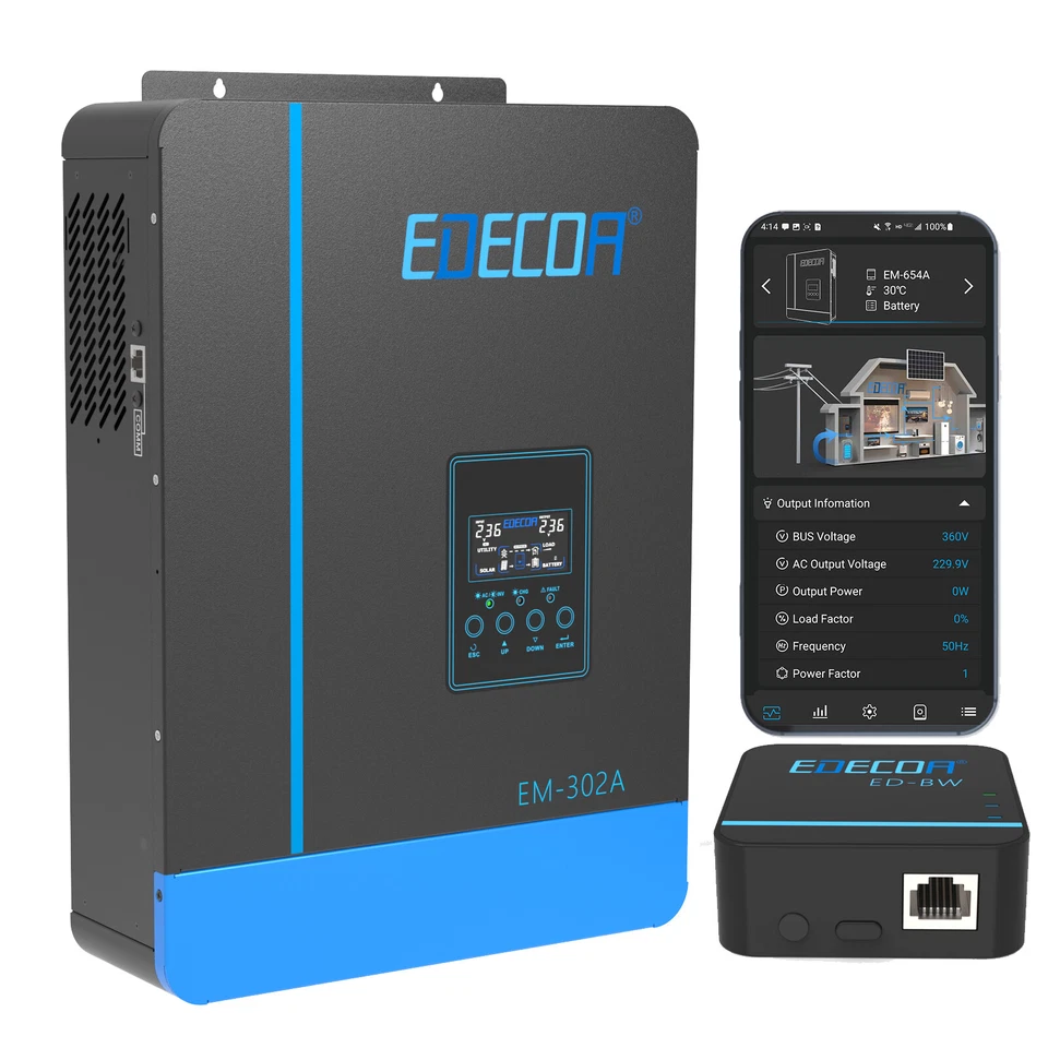 EDECOA Hybrid Wechselrichter 24V 3000W Off Grid Solar Inverter MPPT 80A PV 55-450V WiFi