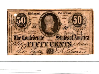 50 CENT "CONFEDERATE" (BLACK SERIALS) 1800'S  50 CENT "CONFEDERATE"  RARE!!!!! - Image 1 of 2