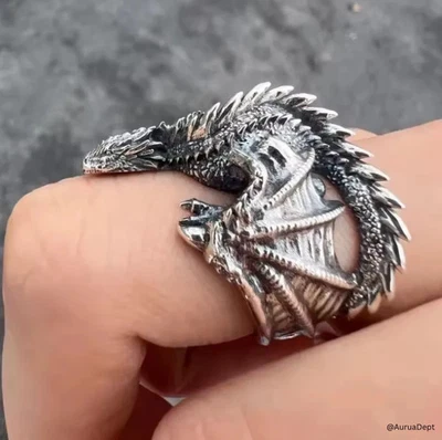 Anillo Gótico Dragón Envolvente | Joyería Fantasía Ajustable Vintage Tono Plata Foto 1 de 3