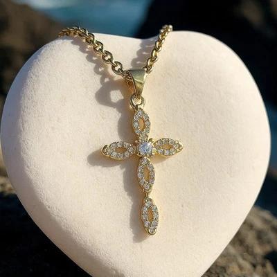 Kreuzkette Kette mit Kreuz Anhänger Schmuck Geschenk Gold Farben Edelstahl NEU - Bild 1 von 2