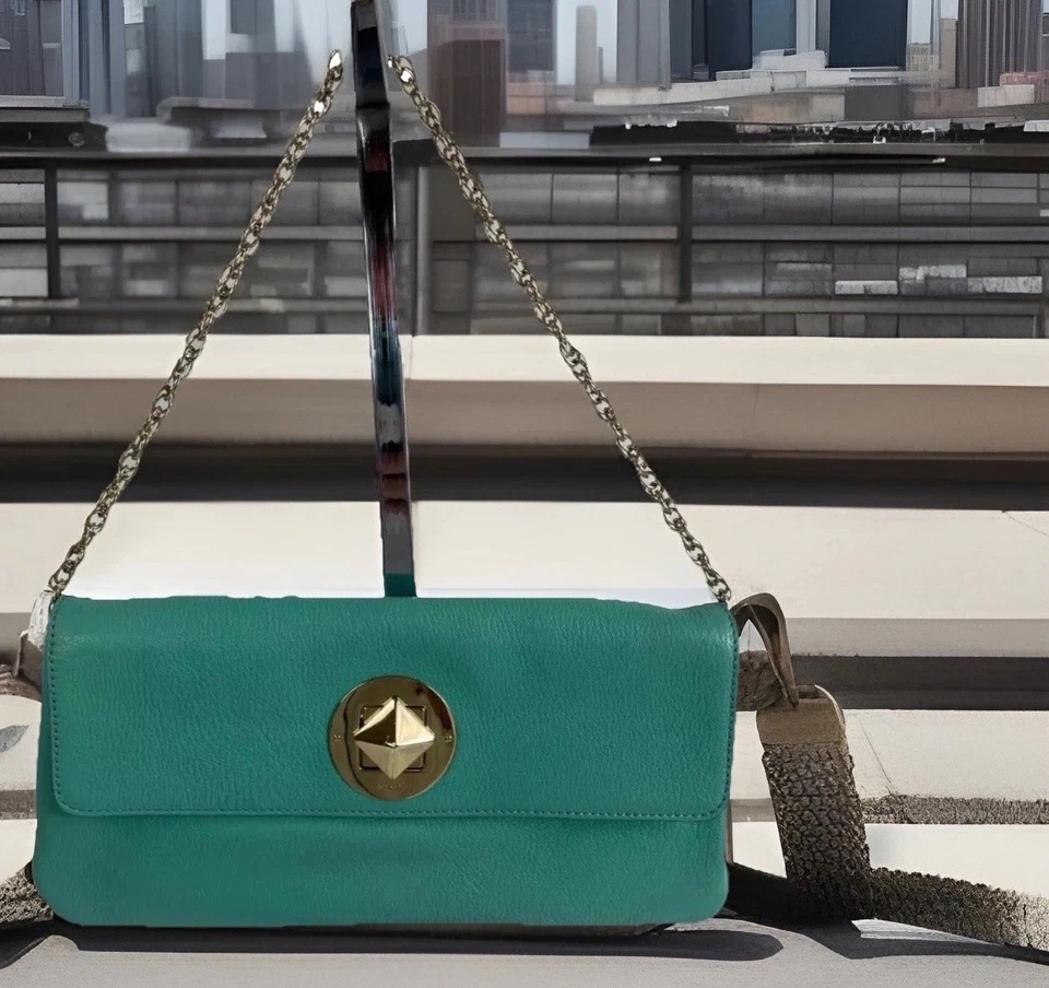 Bolso de hombro KATE SPADE azul turquesa cuero granulado solapa correa de cadena Foto 1 de 4