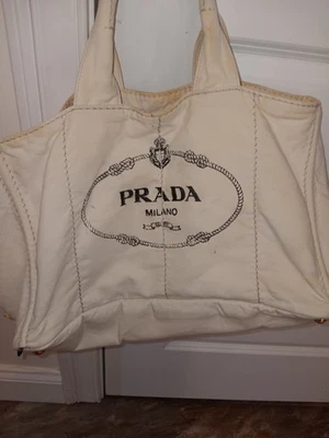 Prada Канапа белый джинсовой ткани холст ручная сумка с короткими ручками, довольно хорошее состояние - Изображение 1 из 4