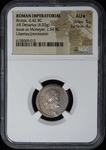Brutus, d.42 BC ROMAN IMPERATORIAL Denarius NGC AU* Strike: 5/5 Surface: 4/5 - Picture 1 of 2