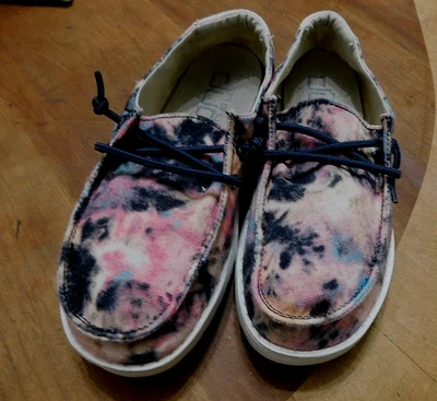 Hey Dude Wendy tie dye Cotton Candy pink blue shimmer shoes SZ J 2-3 - Image 1 of 4