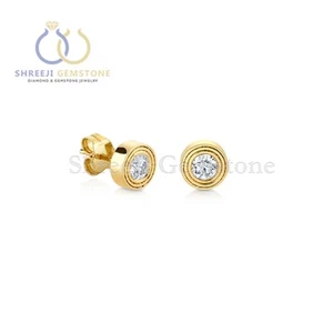 Natural Diamond Fluted Single Stone Stud Earrings 14k Yellow Gold Fine Jewelry - Picture 1 of 2
