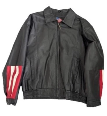 Leather Jacket Men’s XL Black Motorcycle Jacket USA American Eagle Flag Patch - Image 1 of 4