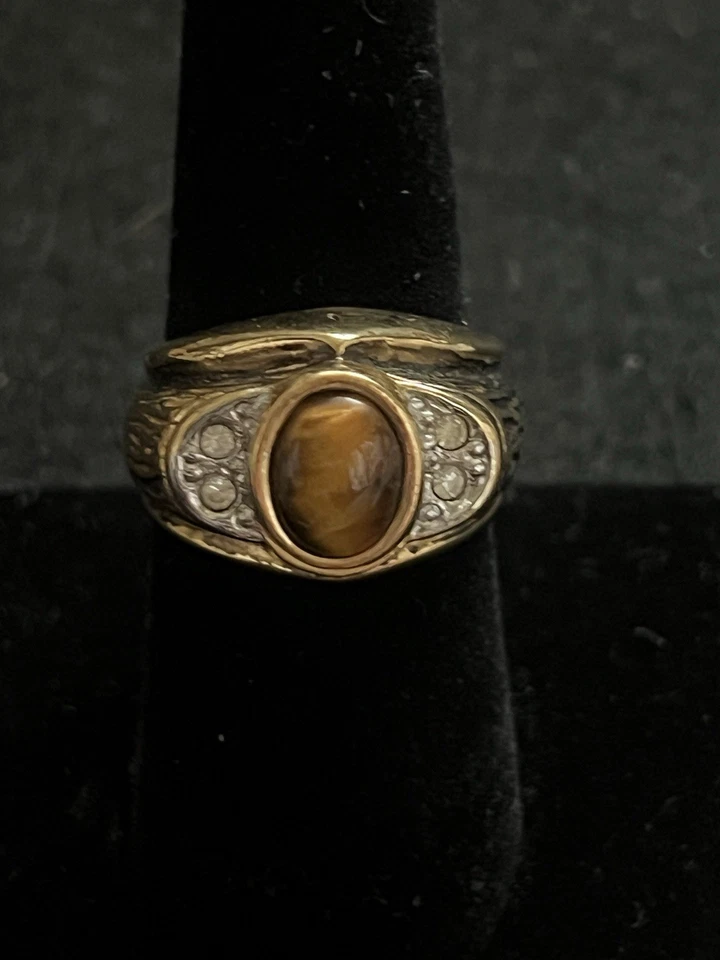 Vtg Unique 14k Gold GP Tigers Eye Mens Signet Ring Size 7.75 / Heavy 12g! Signed - Image 1 of 4