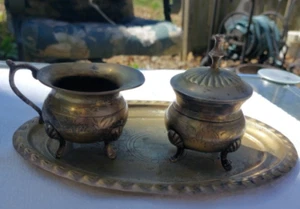 Brass mini cream and sugar bowl set on platter silverplate Commodore India - Picture 1 of 21