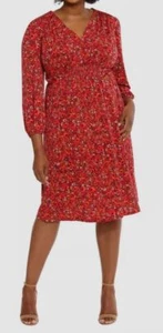 London Times Women's Red Printed Smocked-Waist 3/4-Sleeve Dress Plus Size 1X - Picture 1 of 2