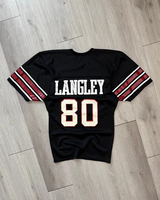 Camiseta de fútbol vintage Langley #80 Macgregor punto arena negra/roja - talla pequeña Foto 1 de 4