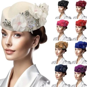 Berretto donna vintage feltro cappello casual lana abito cloche berretto cappelli con fiore - Foto 1 di 21