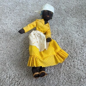 Handmade Cloth Rag Doll In Yellow Polka Dot Dress With White Apron & Headscarf - Picture 1 of 11
