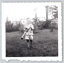 Found Photo Young Boy Carrying Golf Clubs by Tomato Garden 1951 Children