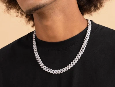 Juego de pavé baguette y zafiro blanco forma redonda en cadena de eslabones cubanos de plata 935 Foto 1 de 4