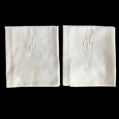 2 White Cotton Floral Weave Monogrammed European Handmade Small Pillow Shams - Image 1 of 4