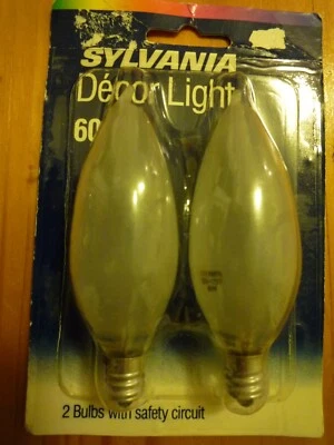 2 Sylvania 60W Watt Frosted Decor Light Bulbs Candelabra Base Bent Flame Tip - Image 1 of 2