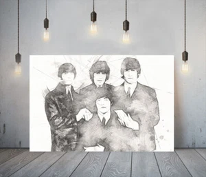 THE BEATLES -DEEP FRAMED CANVAS WALL SKETCH ART PICTURE PAPER PRINT- BLACK WHITE - Picture 1 of 17