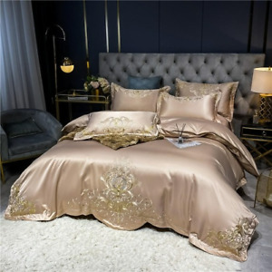 Beige Gold Embroidery Luxury Satin Silk Cotton Bedding Set Queen King DuvetCover