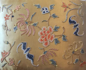 Vintage Gold Threaded Embroidered Floral Throw Pillow Blue Orange Peach Flowers - Picture 1 of 11