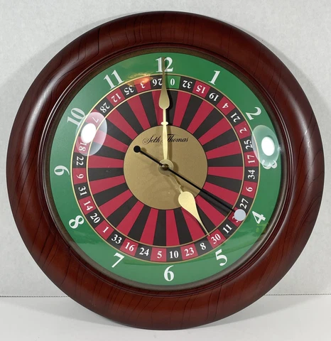 Roulette Wall Clock Seth Thomas 14.5" Round Works, Smooth Second Hand, Wood Look Cover