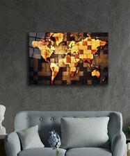 World Map Wooden Style Modern Decor Glass Picture Wall Art Wall Decoration...